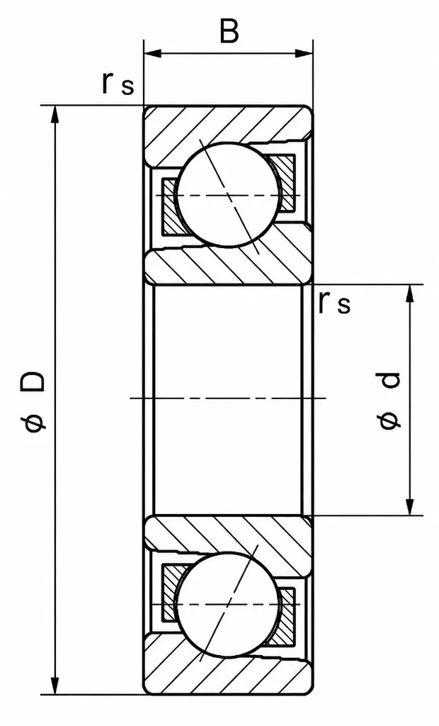Angular contact ball bearing cross-section with d, D, B, rs, and contact angle α
