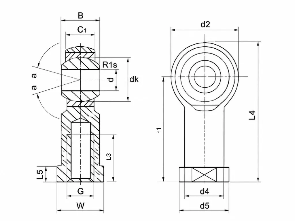 Female-thread rod end bearing drawing with d, B, dk, C1, d2, G, h1, L3–L5, W, d4, d5, r1s, and α dimensions