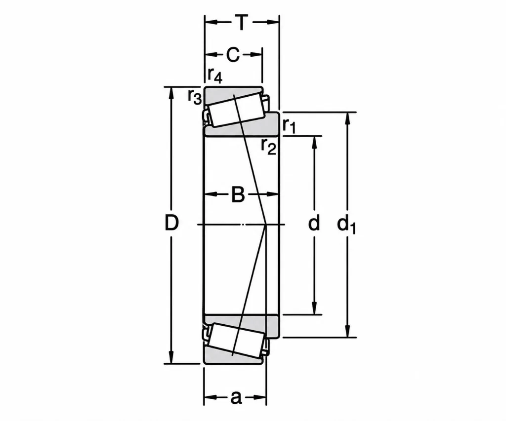 Tapered roller bearing cross-section with d, D, T, B, C, a, d₁, and r₁–r₄ dimensions